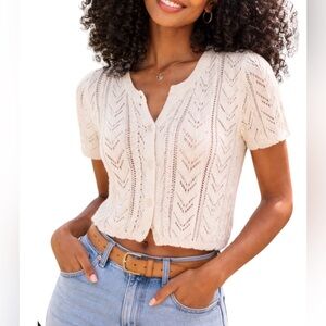 Cream Short Sleeve Crop Cardigan Sweater Cottagecore Coquette Y2K Revival XS NWT
